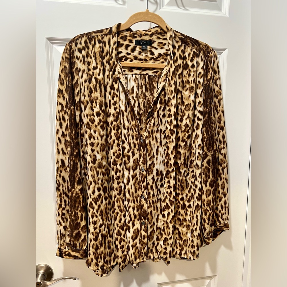 EUC J. Crew Tie-Front Button-Up Blouse, Leopard Print, Women’s Sz Large